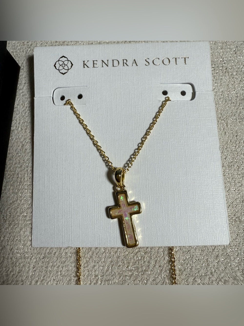 Kendra Scott Gold Cross Necklace with Iridescent Pink Inlay